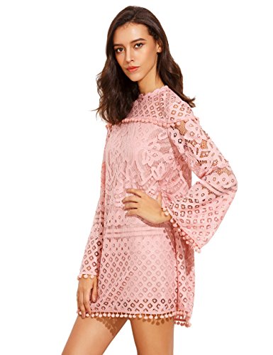 ▷ SheIn vestido de manga larga de encaje con pompón de ganchillo p