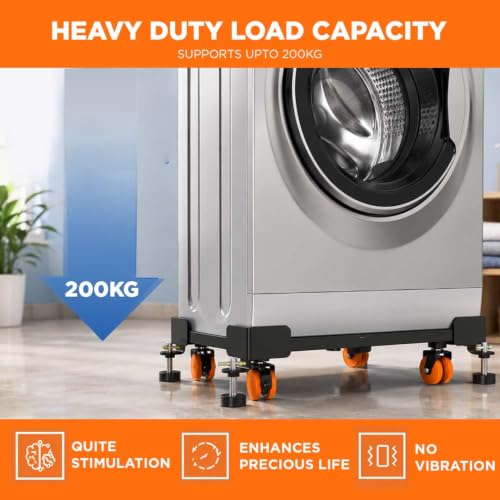 Image of ZOLMIX Washing Machine Stand Adjustable for 6kg, 6.5kg, 7kg, 8kg, 9 & 10kg | Top Load & Front Load Heavy Duty Fridge Stand for Dishwasher & Cooler | Anti Vibration Pads | 200kg Capacity | Black Orange