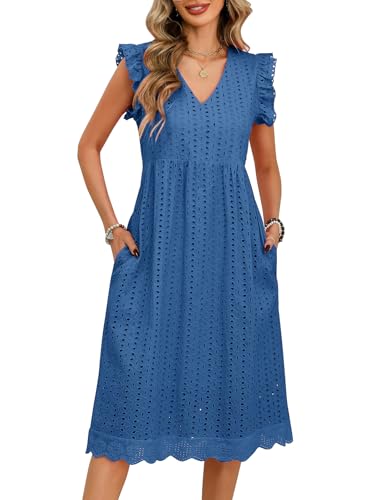UMIPUBO Sommerkleid Damen V-Ausschnitt Ärmellos Midi Kleider mit Taschen Baumwolle Knielang Freizeitkleid Elegant Boho S...