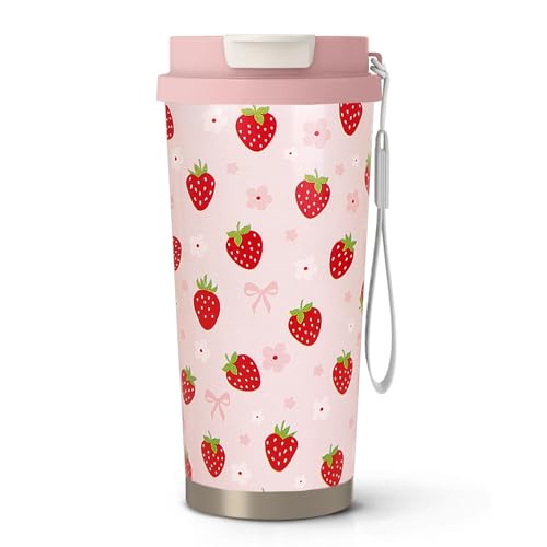 syuwdsnm 18 oz(530ml) Pink Strawberry Stainless Vacuum Steel Insulated Coffee Travel Mug Cup Water Bottle Tumbler with Straw,Strawberry Decor