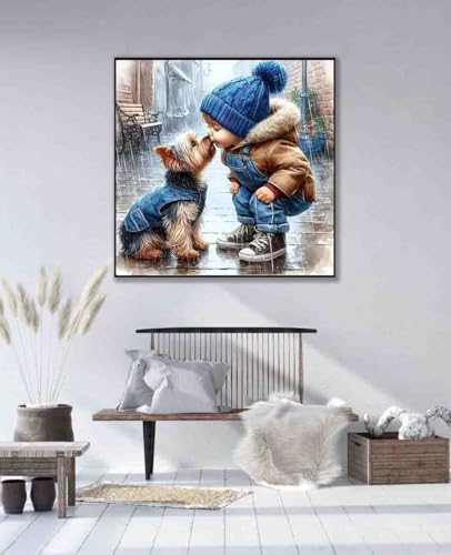 Image of Boy Stamped Cross Stitch Kits for Adults Beginner,Dog Counted Cross Stitch Kits Printed Stitching Cute Patterns Dimensions Needlepoint Art Crafts Embroidery Kits for Adults Beginners (13.7x13.7 inch)