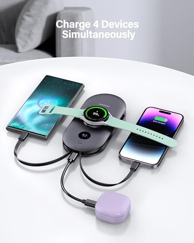 SwanScout Portable Charger for Samsung Watch 8 Classic/8/Ultra/7, 10000mAh Power Bank with Built-in Cables & Wall Plug, 302S Travel Battery Pack Compatible with iPhone, Samsung, and More