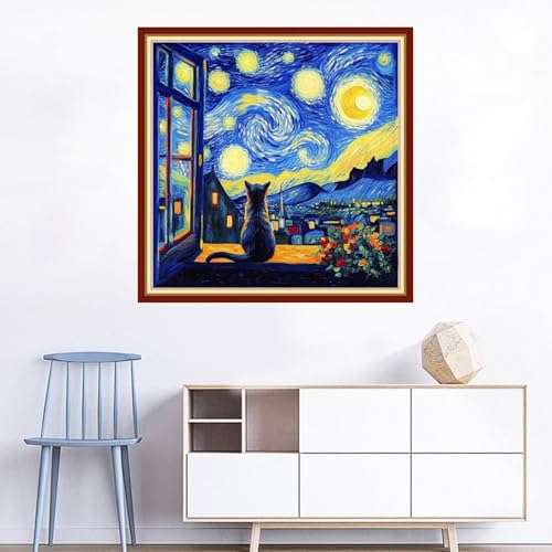Image of Joyhoor Cross Stitch Kits for Beginners Stamped Cross-Stitch Supplies Needlework preprint Embroidery Kits for Adults DIY Needlepoint Kits Embroidery Patterns 11CT-Cat Watch Van Gogh Stars 18x18 inch