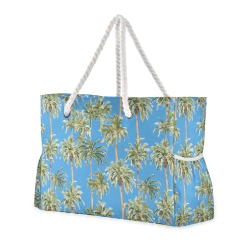 JUNZAN Tropical Palms Blue Beach Tote Bag with Handles Swim Pool Bag Beach Totes Bags for Women with Waterproof Pockets