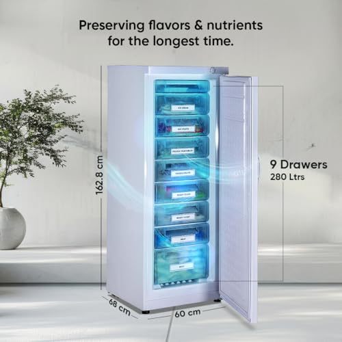 Image of Rockwell 280L Vertical Freezer - Single Door Upright Freezer with 9 Drawers, Safety Lock & 5-Year Warranty, Ideal for Neatly Organizing Frozen Foods Like Meats, Veggies, Ice Cream & More