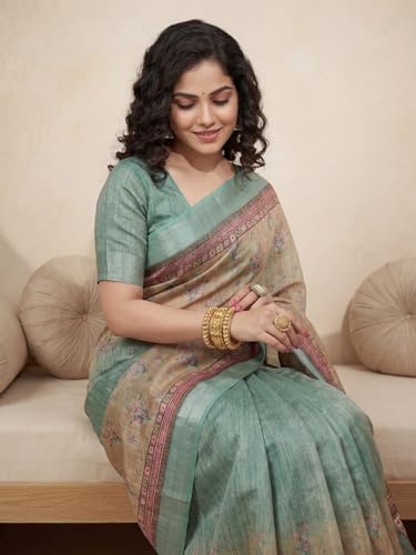Image of AKHILAM Women's Floral Printed Handloom Cotton Silk Saree with Zari Border and Tassel Pallu Unstitched Blouse Piece | Traditional Ethnic Wear Sarees | Women saree silk | Festive Sari Women's