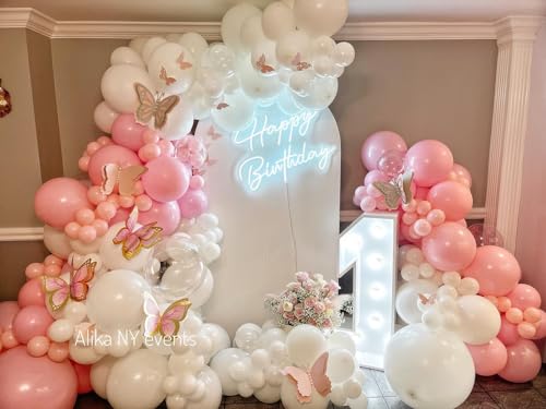 Image of Pink and White Balloon Arch Kit, ADOINBY 140Pcs Macaron Pink Balloon Matte White Balloon 18 12 10 5 Inch Different Size Balloons for Engagement Wedding Birthday Baby Shower Gender Reveal Decorations