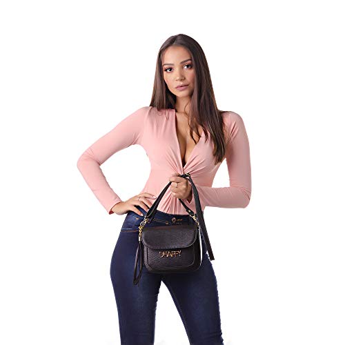 Bolsa Feminina Dhaffy Preto, Alça Transversal, Bolso na Frente. cor:preto;tamanho:M