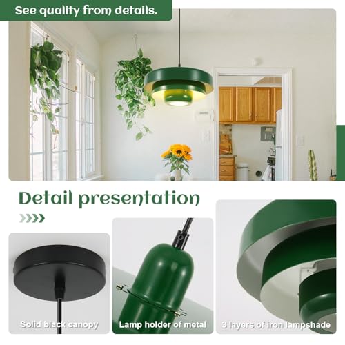 Image of 3-Tier Green Pendant Light Fixture, Mid-Century Modern Metal Chandelier Industrial Adjustable Hanging Light for Kitchen Island, Dining Room, Easy Install