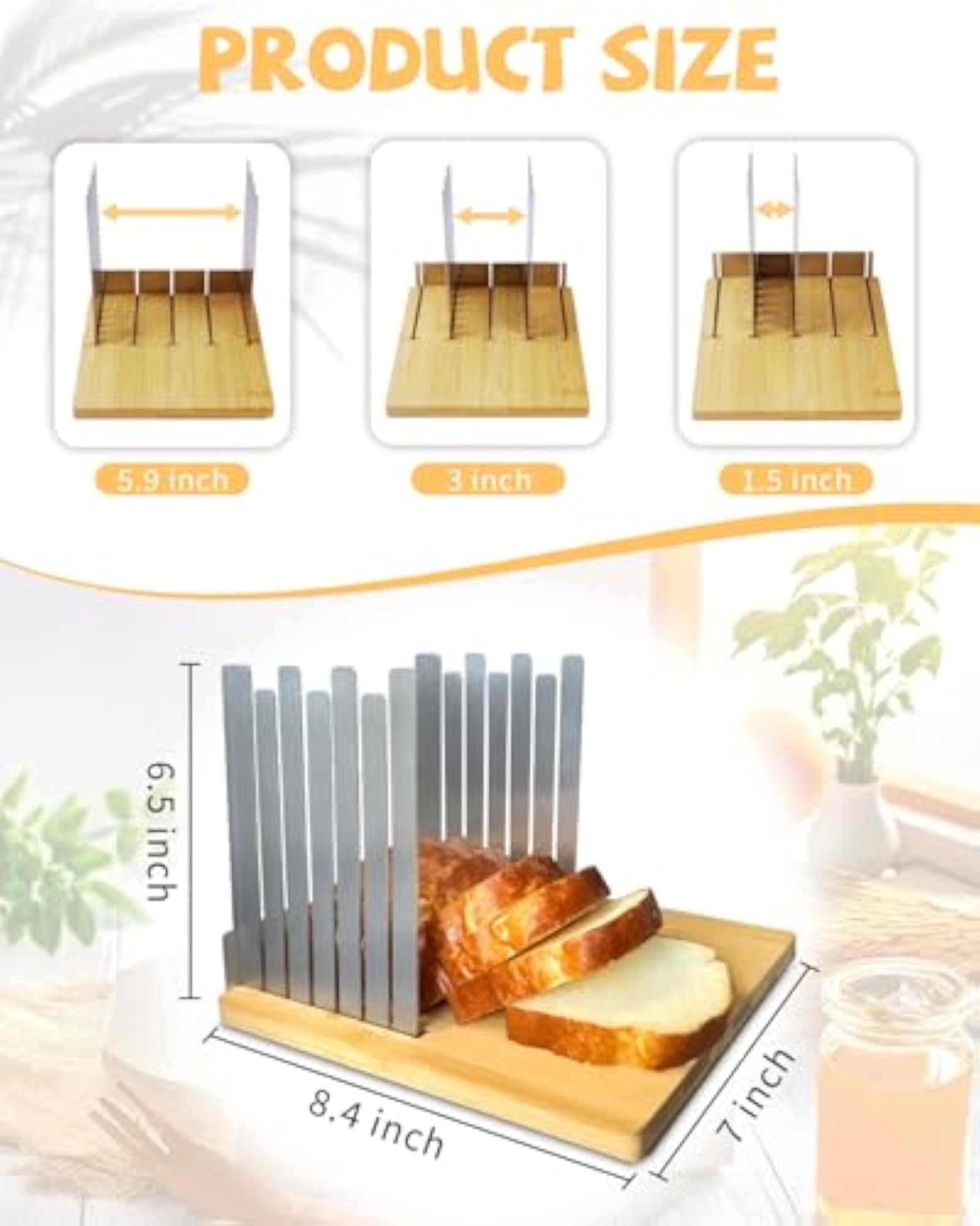 Adjustable Stainless Steel Bread Slicer with Bamboo Cutting Board