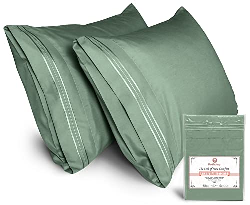 P Pothuiny Standard/Queen Size Pillow Cases Set of 2-1800 Thread Count Egyptian Quality Microfiber Pillow Covers - 2 Pack Microfiber Pillowcases with Embroidery, Tree Moss Green