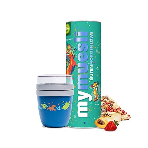 mymuesli Disney Roi des Lions 2Go Lot de 2 gobelets à céréales 2 Go (300 ml et 120 ml) et 1 boîte de céréales Bonjour Lion (575 g) – Qualité biologique