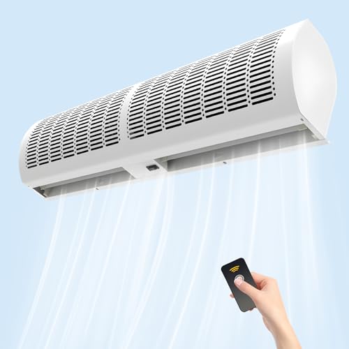 JFOZDM Silenciosa Cortina de Aire, Cortina de Aire para Puerta, Comercial Cortina Aire, Súper Poderosa & Ángulo De Viento Ajustable & 2 Velocidades & Control Remoto, Anti-Moscas, Fácil De Instalar