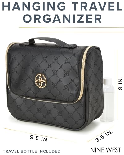 NINE WEST Black Makeup Bag Cosmetics Organizer Travel Essentials Hanging Hook Lattice Pattern Faux Leather Gold Trim2