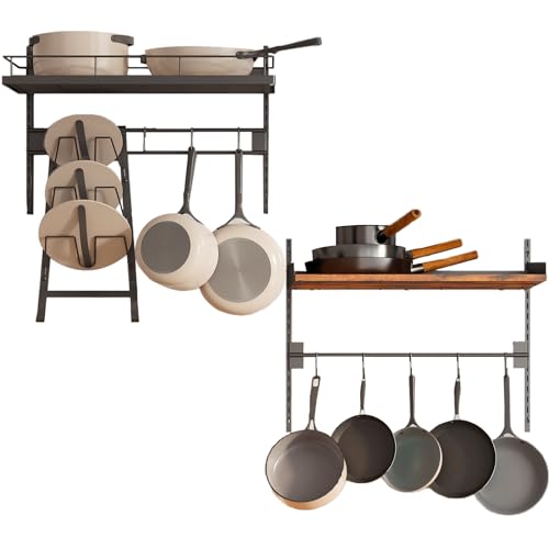 LUMAMU 2 Packs Hanging Pot Rack,Wall Mounted Pot and Pan Organizer,2 Tier Pots Holder for Kitchen Storage,Pans Hanger Shelf with Pan Lid Organizer,8 Hooks,for Cookware,Pans,Utensils Organization