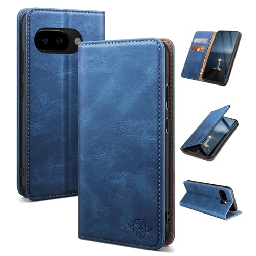SUANDUCK for Google Pixel 9A mobile phone case magnetic leather flip case with RFID-blocking card compartment adjustable stand and 360 drop protection with Pixel 9A Light Blue