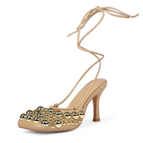 Image of Saint Leia Women's 4IN High Heel Sandals Nude Stiletto Pumps with Gold Silver Pearls Heels for Weddings Parties and Evening Wear