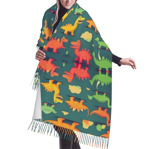 many small Dinosaur Print Fringed Scarf for Women â€“ Long Blanket Satin Shawl, Fashion Stole, Perfect for Fall & Winter