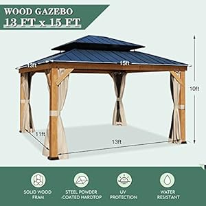   YOLENY-13-x-15-Wood-Gazebo-Spruce-Frame-Outdoor-Hardtop-Gazebo-with-Metal-Roof-Privacy-Curtains-and-Nettings-for-Patio-Garden-Backyard
