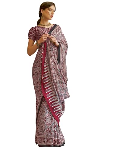Image of SAREE MALL Women's Ajrkh Print Satin Crepe Polka Dot Printed Saree With Unstitched Blouse Piece