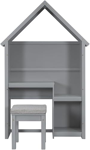 Miniatura 4 de Juego de escritorio y silla de estudio para niños, mesa de estudio de madera con taburete acolchado, computadora en forma de casa y estación de