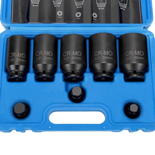 HTOMT 8 in 1 1/2'' Drive Deep Impact Socket Set,12 Point Metric Size(30mm to 36mm),Drive Socket And Hex Bit Set with Storage Box for Large Equipment,Truck Maintenance,Precision Torque Heavy Duty CR-MO
