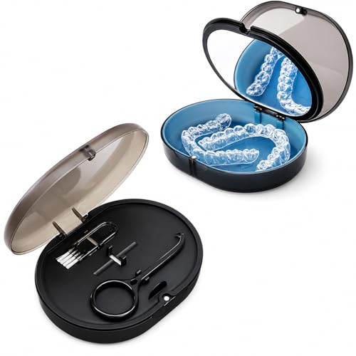 Checkzed Double-layer Retainer Storage Case with Waterproof Removal Tool Cleaning Brush Built-in Mirror Orthodontic Retainer Case Mouth Guard Case Denture Case (Black)