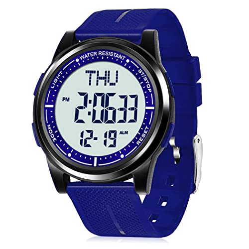 WIFORT Reloj Digital Hombre Mujer, 5ATM Impermeable Deportivo Relojes de Pulsera Esfera Grande con Cronómetro, Cuenta Regresiva, Alarma, Tiempo Dividido, Zone Horaria Dual, Ultra Delgado Unisex, Azu