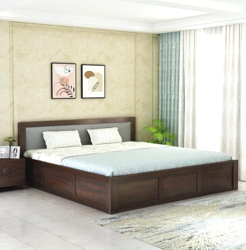 Image of Sheesham Wood King Size Bed with Storage for Bedroom Living Room Home Hotel Bed with Cushion Headboard Pannel Wooden Double Bed Cot Palang Furniture -1 Year Warranty (Walnut Finish)