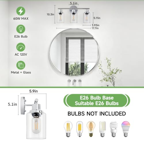 Image of 3-Light Bathroom Light Fixtures, Modern Chrome Vanity Lights for Bathroom with Clear Glass Shade, Wall Lamps for Mirror Hallway Kitchen Cabinet Living Room Sconces Lights