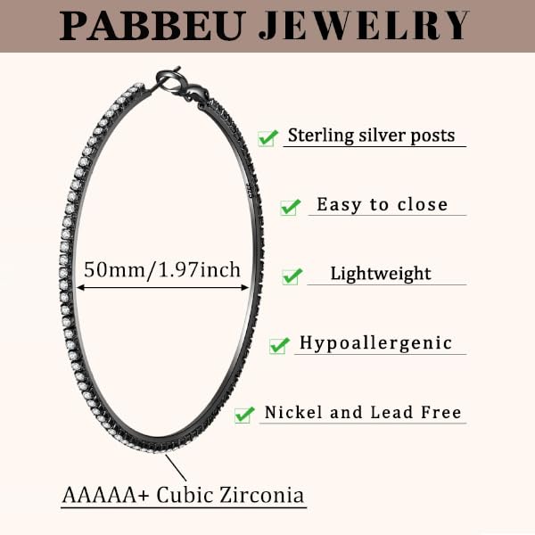 PABBEU 2mm 925 Sterling Silver Earrings Big Sterling Silver Hoop Earrings for Women Large Rhinestone Hoop Earrings Thin Hypoallergenic Cubic Zirconia Earrings for Women 30/40/50/60/70mm