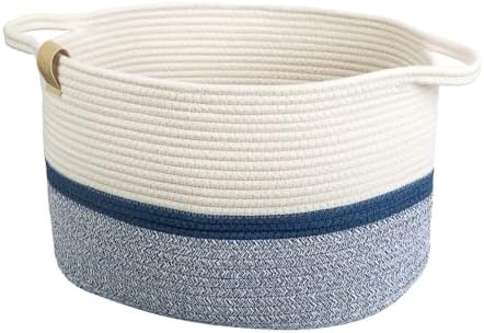 ART pinecone cotton rope basket, Oval woven nursery storage basket, Cute Dog Toy Basket Baby Nursery Hamper Shelf Decorative Bin,15"L x 10"W x 9"H (1-pack, 3 tones Navy blue & white)