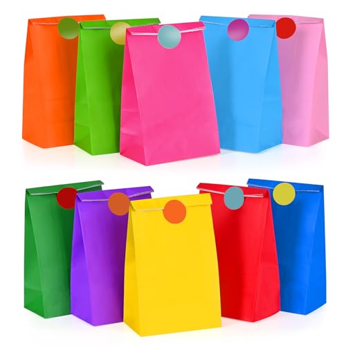 HAMOHTE Papiertüten Bunt, 20 Stück Geschenktüten Kindergeburtstag mit 24 Aufkleber, Klein Geburtstagstüten Kinder, Kraft Papier Mitgebsel Tüten Gift Bag für Party, Geschenk, Geburtstag, Feiern