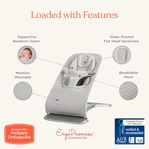 Image of Ergobaby Evolve 3-in-1 Bouncer Seat for Babies and Toddlers 5.5-25 lbs | Multi Position Baby Rocker Seat with Adjustable Heights, Secure Harness, Newborn Insert, Grey