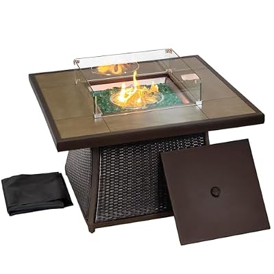 42" Propane Fire Pit Table, Patio Dining Fire Pit Table, 50,000BTU CSA Certified, Tile, Aluminum, & Wicker Details, with Lid&Wind Guard, Outdoor Fire Pit Accessories Included, for Garden, Yard