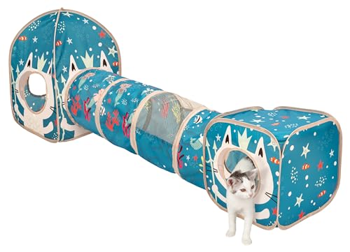 Image of Kitty City Ocean-Themed Cat Play Furniture Set, Collapsible Pop-Up Cat Toys Combo with Cube, Tunnel & House, Indoor Kitty Playground for Play, Hiding & Lounging
