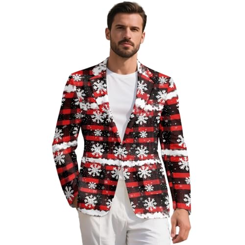 Tupalatus Christmas Prints One Button Mens Blazer Classic Collar Pocket Design Slim Fit Suit for Man Breathe Fabrics Soft -S Suitable for Dances，Parties,and Gather