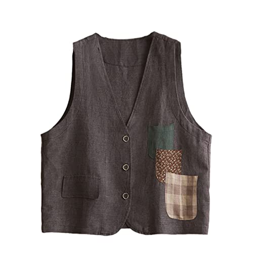 Débardeur en lin et coton de qualité supérieure col en V et poche patchwork XL