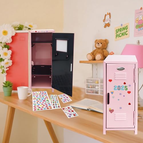 Image of Mini Locker with Lock Key Stickers Box Metal Small Locker Mini Locker Miniature Storage Girls Lockbox Desktop Storage Organizer for Cash Money Jewelry Safe Dollhouse Furniture Accessories (Pink)