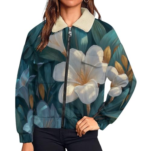 Veste polaire femme hibiscus turquoise veste d'hiver chaude zip et poches