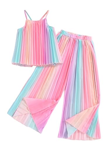 Image of Hilinker Girls Rainbow Pleated Cami Top and Wide Leg Pants Set Cute 2 Piece Summer Outfits