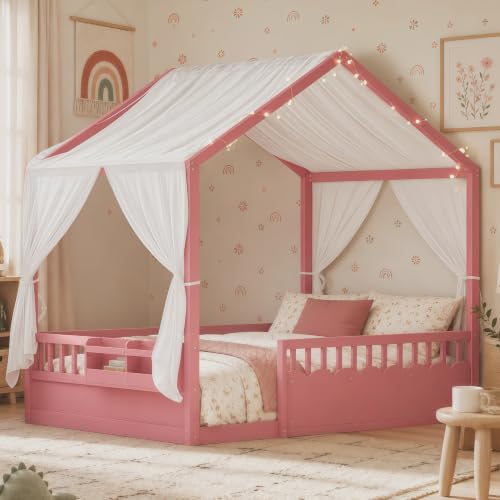 Image of Bellemave Full House BedFrame with Canopy, Montessori House Bed with LED and Bookshelf and Rails for Kids, Pink