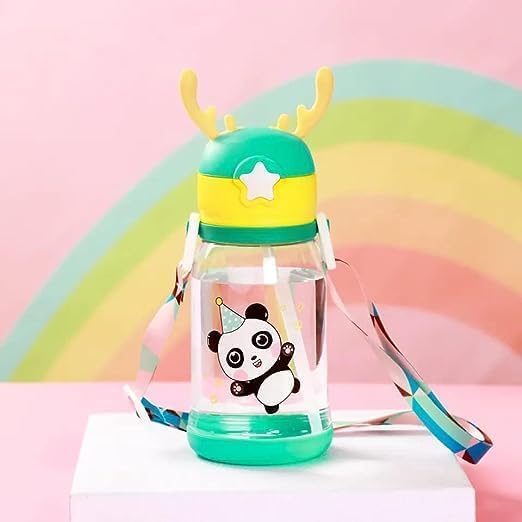 Image of ECLET Deer Water Bottle with Sipper | 500ml Cartoon Panda Print Leakproof Bottle | BPA-Free Portable for School, Travel | Anti-Spill Sipper for Boys & Girls(Set of 1, Multicolor)