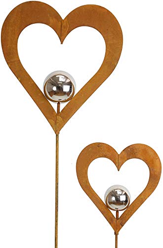 Dekoleidenschaft 2er Set Herzstecker Silberkugel, Garten Metalldeko im Rostdesign, Blumenstecker, 96 + 120 cm hoch, Dekostecker, Roststecker, Gartendeko für Draußen