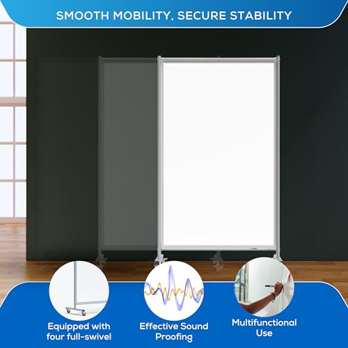 Image of FSE 373-MD4072W Mobile Magnetic Whiteboard Room Divider, 75 inch Tall Double-Sided Board, Sound Proof Partition Wall Divider with Locking Casters, Steel Frame, Ghost-Resistant Surface, White /Silver