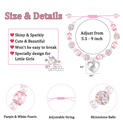 HGDEER Christmas Gifts for Kids Girls | Unicorn Stocking Stuffers for Daughter/Granddaughter/Niece | Pink Pearl and Rhinestone Balls Bracelet | Adjustable Length4