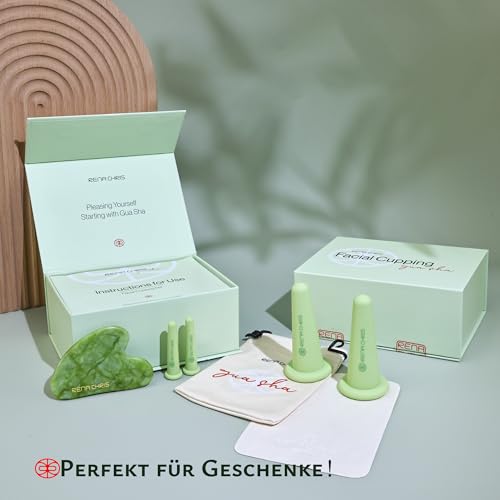 Rena Chris Gesichts-Schröpfen Set & Gua Sha Werkzeug - Silikon Schröpfgläser & Jade Gua Sha Stein für natürliche Hautpflege und Lippenaufpolsterung (Grün) 6