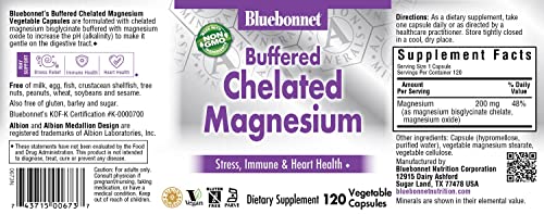 Bluebonnet Nutrition Albion Buffered Chelated Magnesium 200 Mg, Magnesium Oxide, Stress Relief, Vegan, Non Gmo, Gluten Free, Soy Free, Milk Free, Kosher, 120 Vegetable Capsules, 2 Month Supply #TOP7