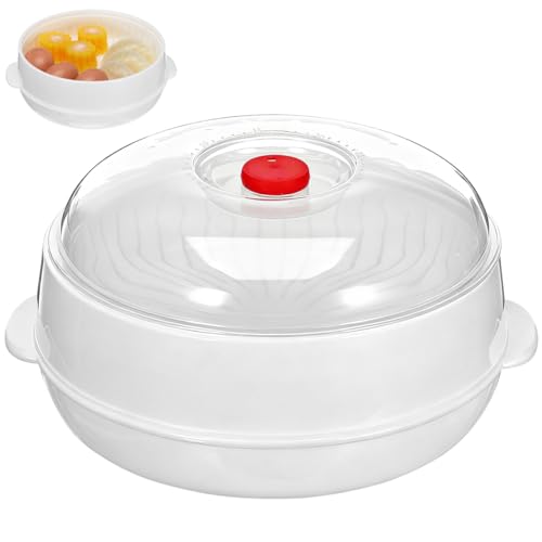 HEMOTON Microwave Food Steamer with Lid Professional Round Plastic Steamer Rack for Rice Fish Dumplings Buns Cooking and Reheating Kitchen Microwave Cooking Accessory 9.65X8.66X4.92In