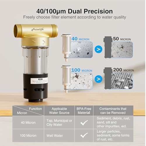 Image of Frizzlife 40 /100 Micron Spin Down Sediment Filter with Built-in Scraper, Reusable Whole House Pre-Filter for City /Well Water, Washing Machine, Flushable Filtration, BPA Free, 1 inch&3 /4 inch NPT